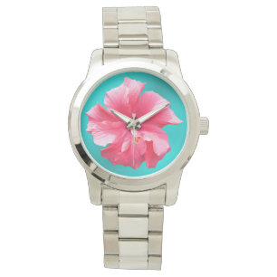 Montre Hibiscus rose tropical bleu turquoise