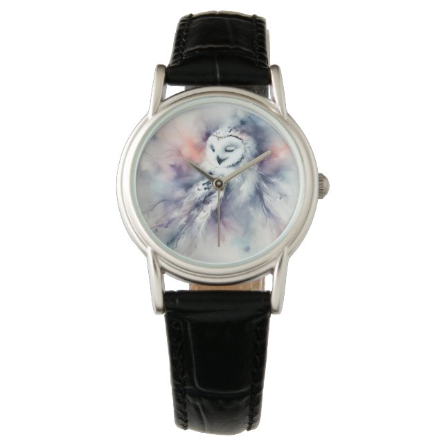 Montre Hibou blanc enchanté à l'aquarelle (devant)