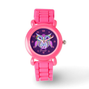 Montre Hibou mignon de flower power, clocknumbers et nom