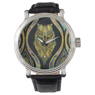 Montre Hibou tribal d'or sur le motif d'ormeau de Boho