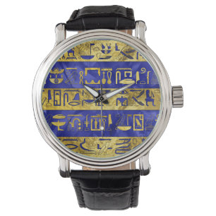 Montre Hiéroglyphes égyptiens dorés Pierre bleue motif