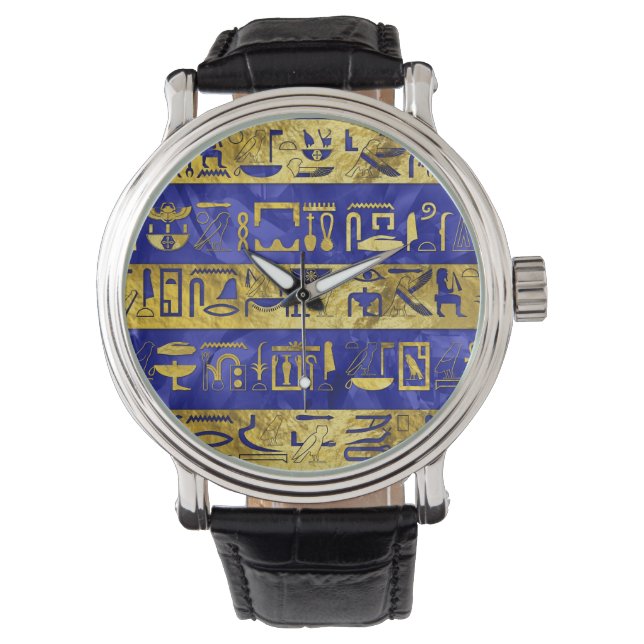Montre Hiéroglyphes égyptiens dorés Pierre bleue motif (devant)