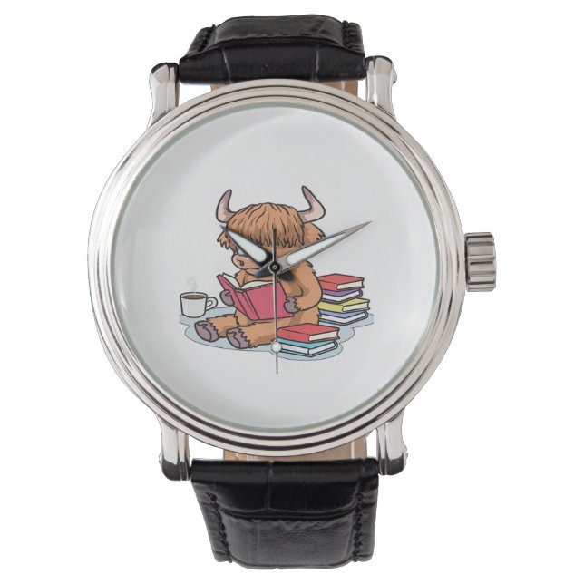 Montre Highland Cattle Cow Lire les livres Boire Café Cla (devant)