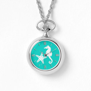 Montre Hippocampe et étoile de mer - blanc sur turquoise