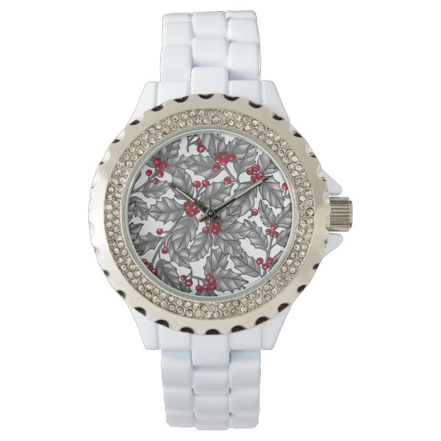 Montre Holly berry, feuilles gris sur blanc (devant)