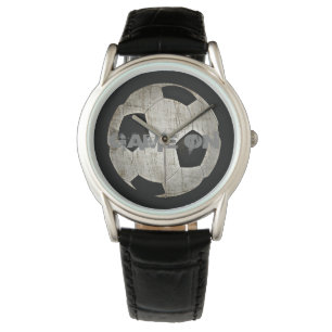 Montre Hommes balle de football moderne noir cuir noir