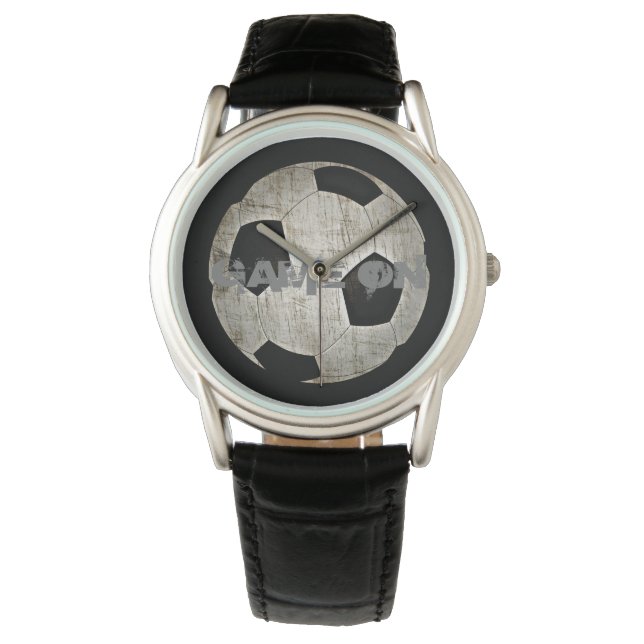 Montre Hommes balle de football moderne noir cuir noir (devant)