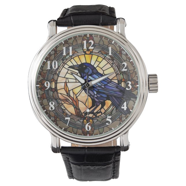 Montre Horloge d'oiseau en verre de Corbeau noir (devant)