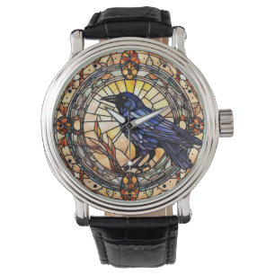 Montre Horloge d'oiseau en verre de Corbeau noir