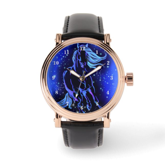 Montre Horse Watch Courir Dans La Nuit Bleue étoilée (Recto)