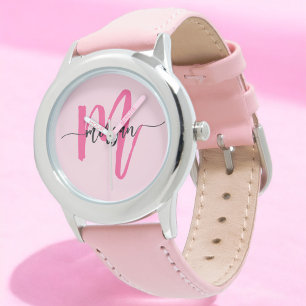 Montre Hot rose moderne Script Girls Monogramme Nom