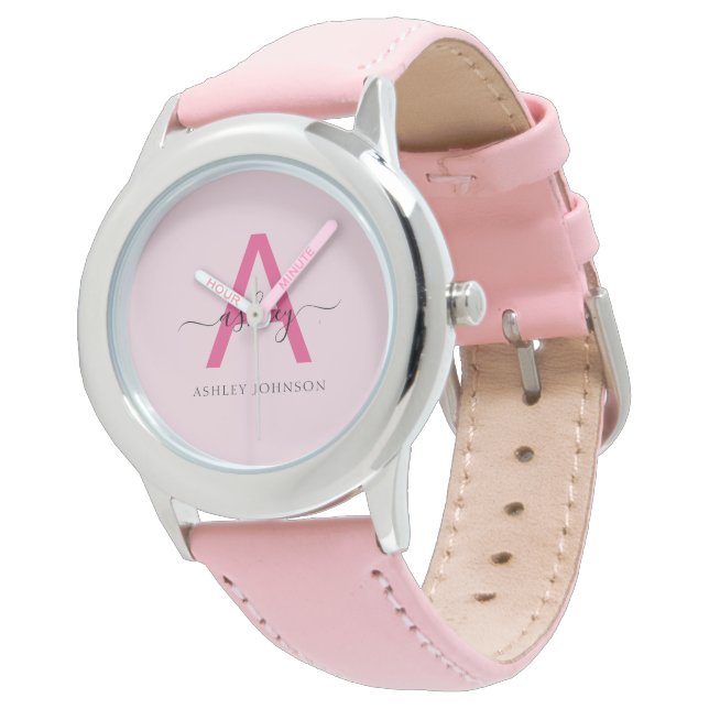 Montre Hot rose moderne Script Girls Monogramme Nom (Incliné)
