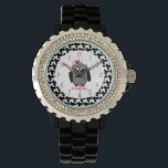 Montre Houndstooth Owl Watch<br><div class="desc">Une montre illustrant une chouette avec le ventre en pied de roche sur un arrière - plan en pied de roche correspondant. Personnalisez avec votre nom.</div>