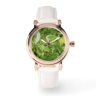 Montre Huile de peinture de feuilles vertes,