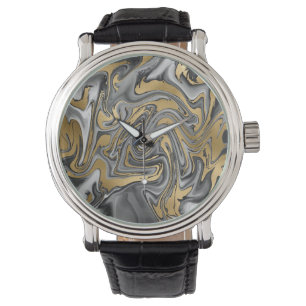 Montre Huile Noire, Blanc Et Or Marbré Slick Abstrait
