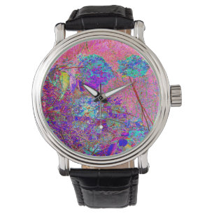 Montre Hydrangea Abstrait Violet et Bleu avec Magenta
