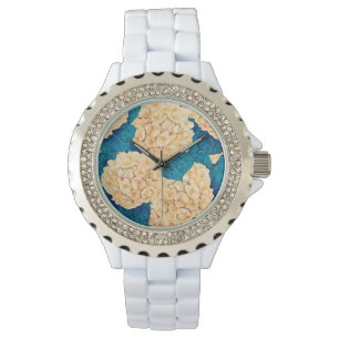 Montre Hydrangea aquarelle motif, jaune et bleu