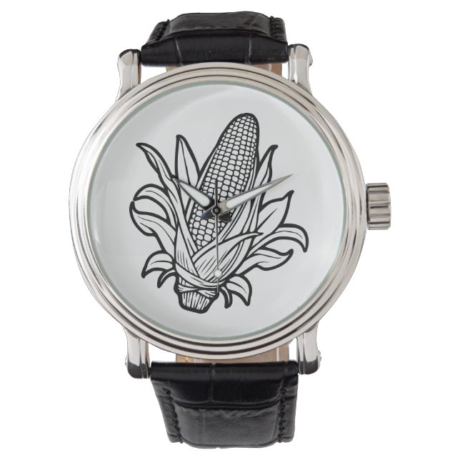 Montre Icône d'épi de maïs doux noir et blanc (devant)