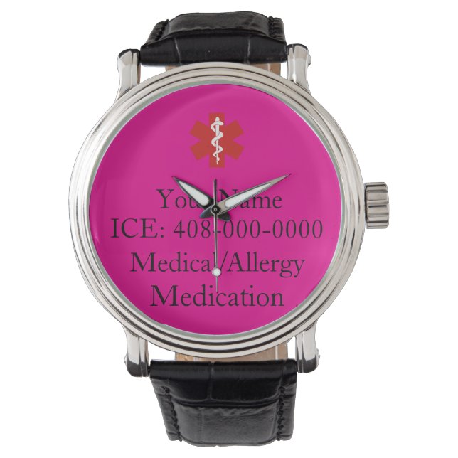 Montre ID Médicale personnalisé rose chaud (devant)