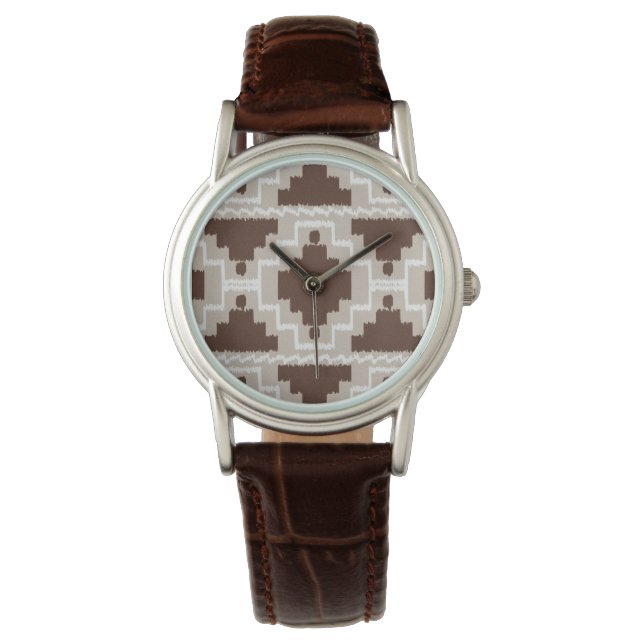 Montre Ikat Aztec Motif - Brown au chocolat et Taupe (devant)