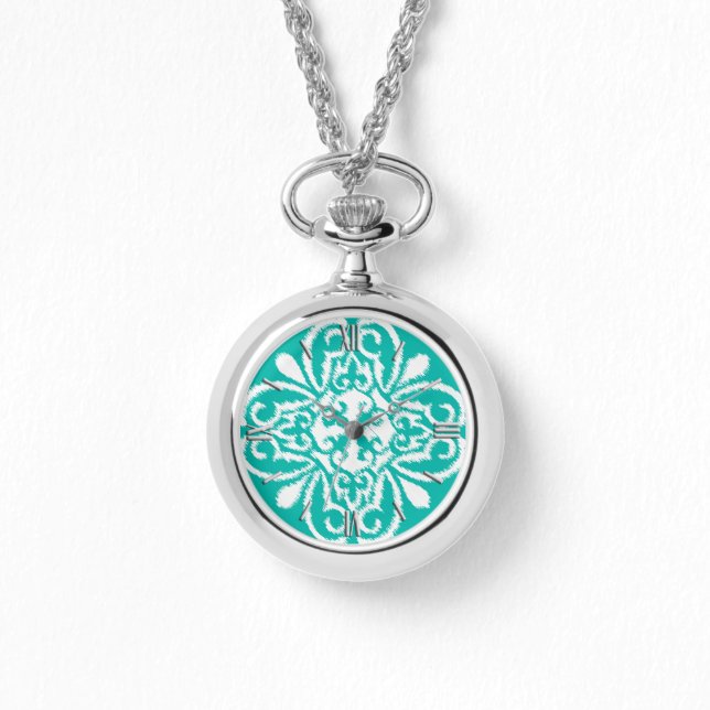 Montre Ikat damask motif - turquoise et blanc (Recto)