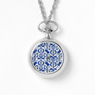 Montre Ikat Moorish Damask - bleu cobalt et blanc