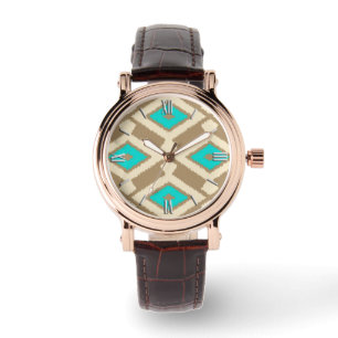 Montre Ikat Motif - Turquoise, Taupe et Beige