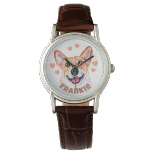 Montre Illustration de Chien Corgi avec Coeurs et Nom