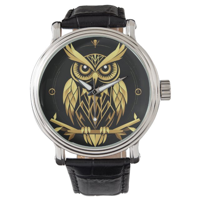 Montre Illustration de chouette géométrique dorée (devant)