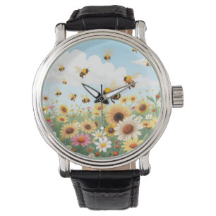 Montre Illustration de fleurs et d'abeilles mignonnes