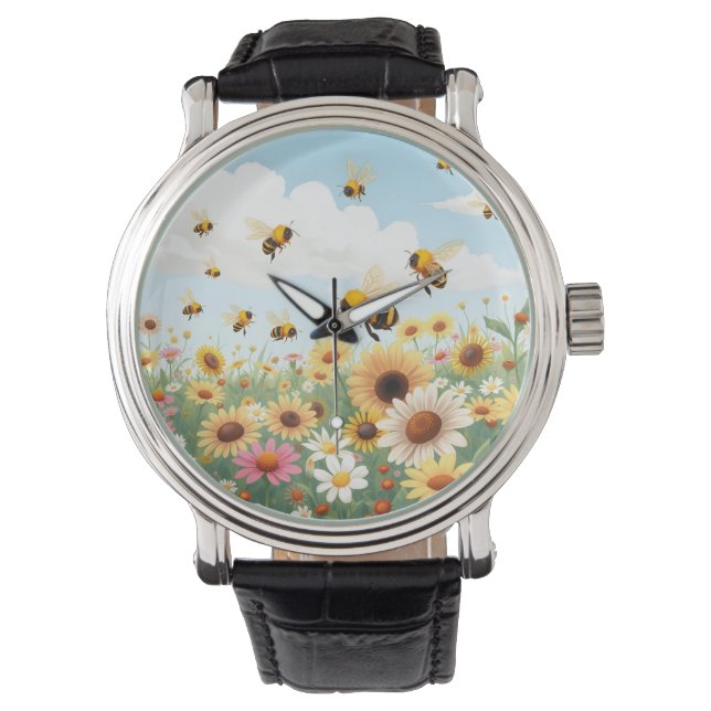 Montre Illustration de fleurs et d'abeilles mignonnes (devant)