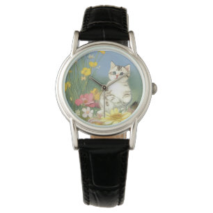 Montre Illustration de Kitten vintage avec Fleurs Jaunes