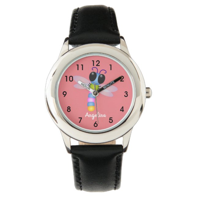 Montre Illustration d'une libellule bleu et rose (devant)