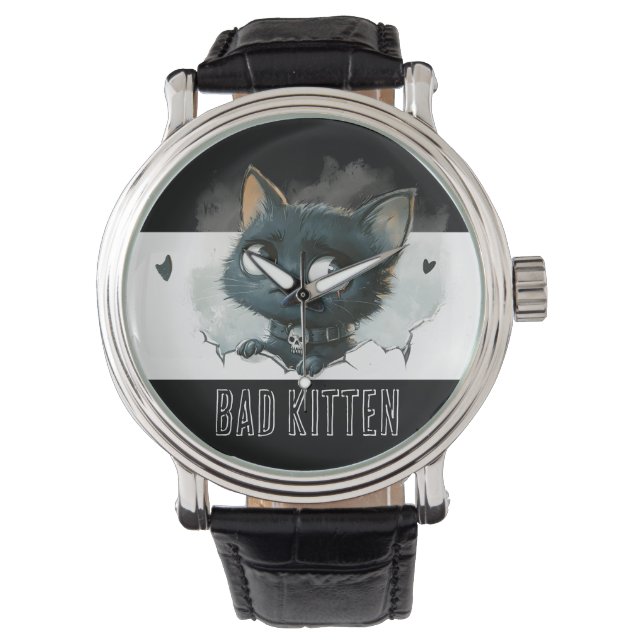 Montre Illustration Edgy Kitten - Texte "Bad Kitten" (devant)