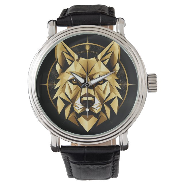 Montre Illustration géométrique de loup doré (devant)