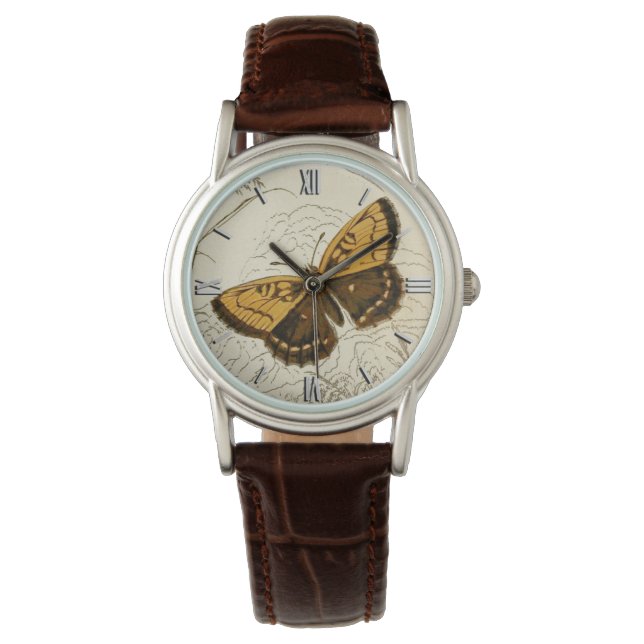 Montre Illustration papillon vintage, or et Brown (devant)