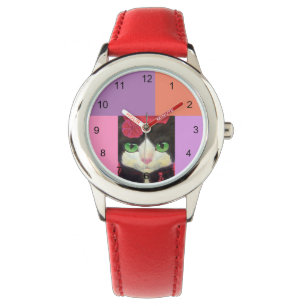 Montre Illustration Rouge Noir Et Blanc De Tuxedo Cat