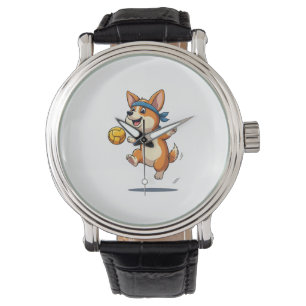 Montre Illustration Vintage de Corgi jouant au Volleyball