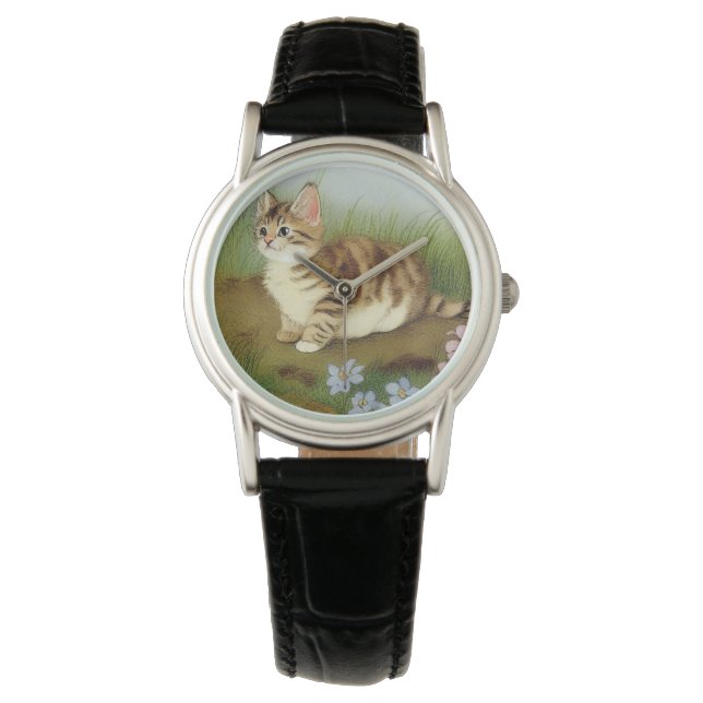 Montre Illustration vintage Kitten avec fleurs (devant)