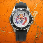 Montre Illustration Watercolor Fox<br><div class="desc">Montre d'illustration couleur renard avec une plaque de peinture abstraite en rouge, violet, orange et bleu.</div>