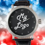 Montre Image de logo personnalisée noir<br><div class="desc">Ajoutez votre propre logo d'entreprise à cette montre. Arrière - plan noir. Parfait pour promouvoir votre entreprise et votre marque. Petits numéros de visage de l'horloge blanche. Cette montre est également disponible dans notre magasin avec un grand nombre.</div>