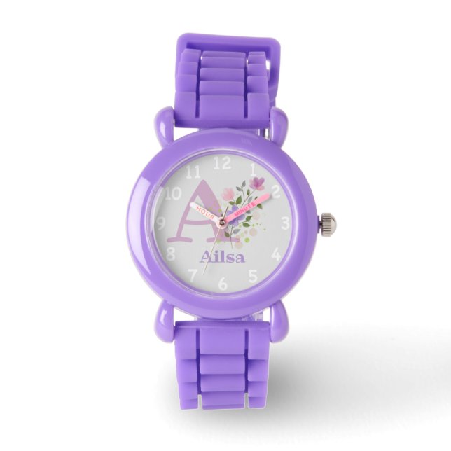 Montre Image florale avec chiffres, nom et enfant initial (Recto)