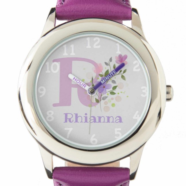 Montre Image florale avec chiffres, nom et enfant initial (Créateur téléchargé)