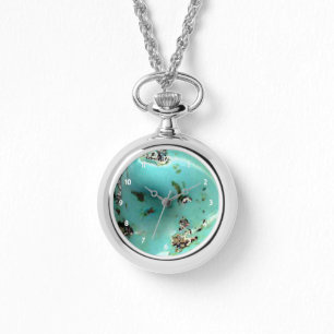 Montre Image Turquoise Gemstone Femmes Argent Argent Arro