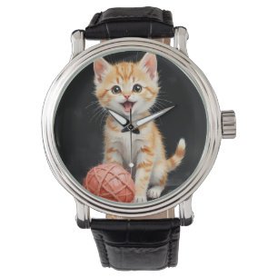 Montre Impression aquarelle d'un chaton joueur avec du fi
