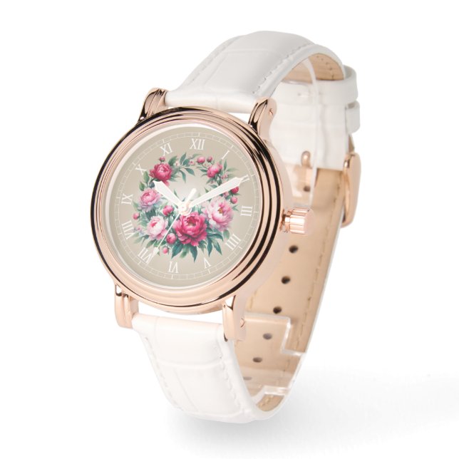 Montre Impression d'art Couronne de pivoines à l'aquarell (Angle)