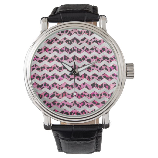Montre Impression léopard noir et rose chaud (devant)