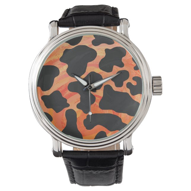 Montre Impression noire et orange de vache (devant)
