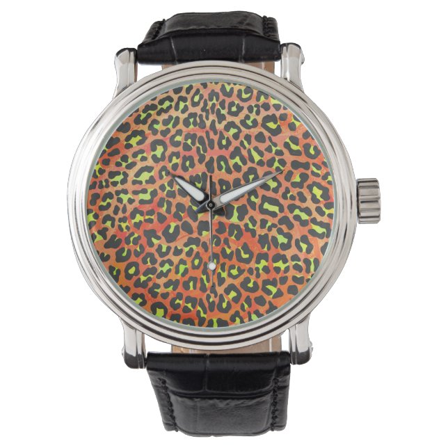 Montre Impression orange et jaune de léopard (devant)