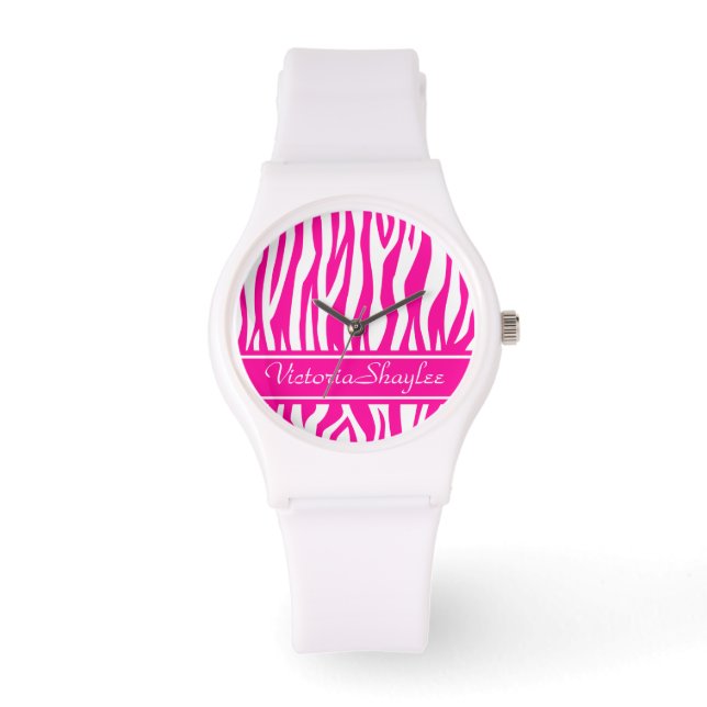 Montre Impression Zebra rose chaud avec du texte personna (Recto)